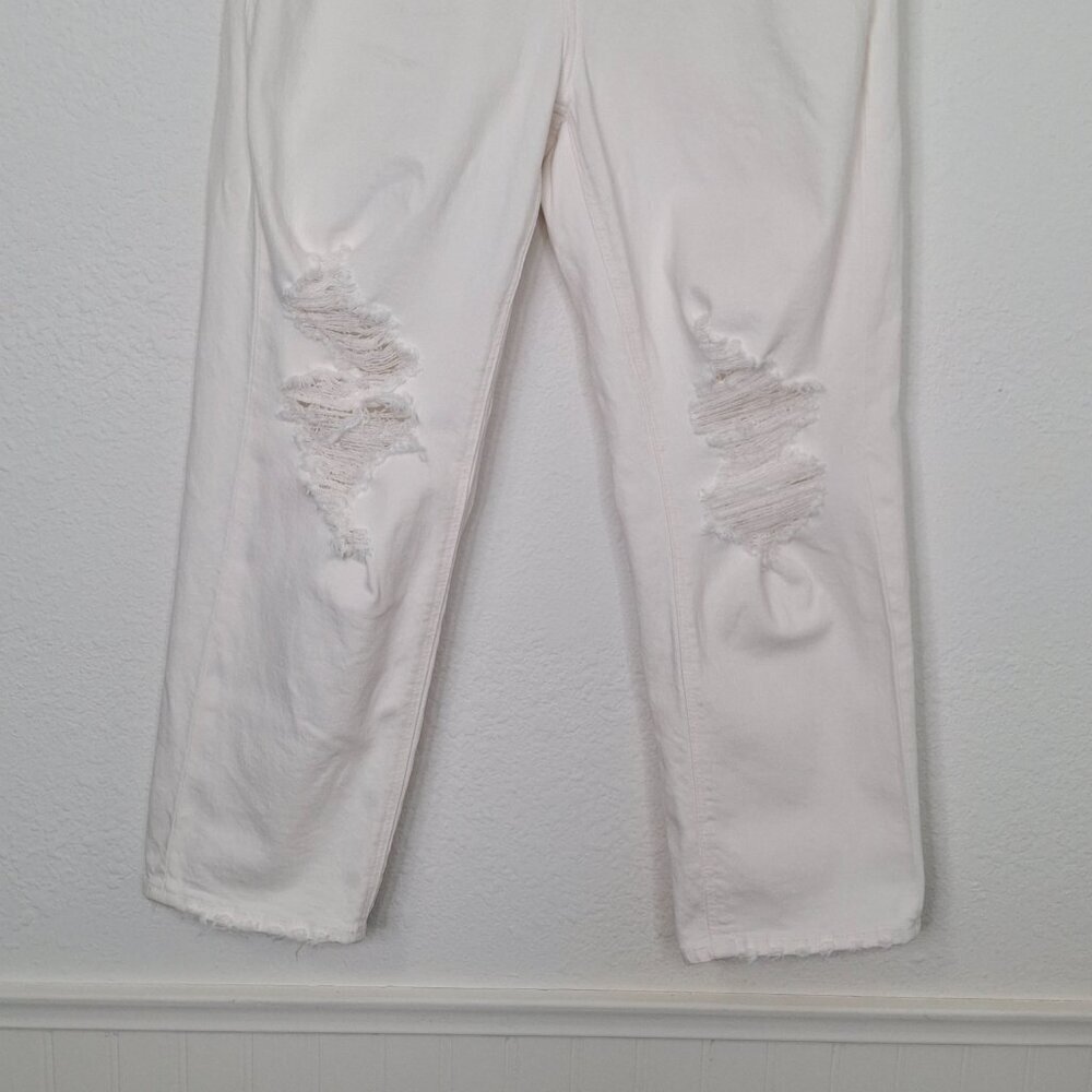 American Eagle Mom Straight Jean Sz 8 X-Short 5 Pocket Distressed Neutral Boho - Picture 6 of 16